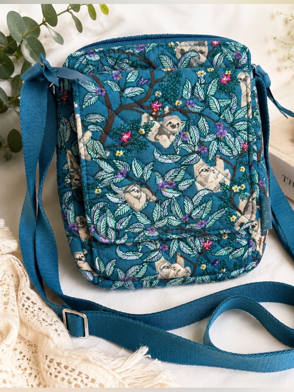 Vera Bradley Hanging Around Sloth Crossbody Bag Blue Floral Quilted Retired
